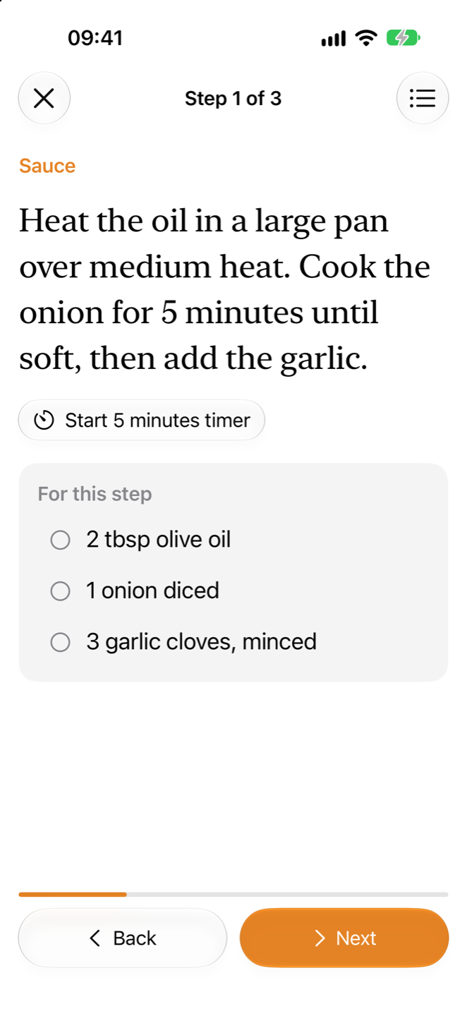 Cook mode step with timer and step ingredients