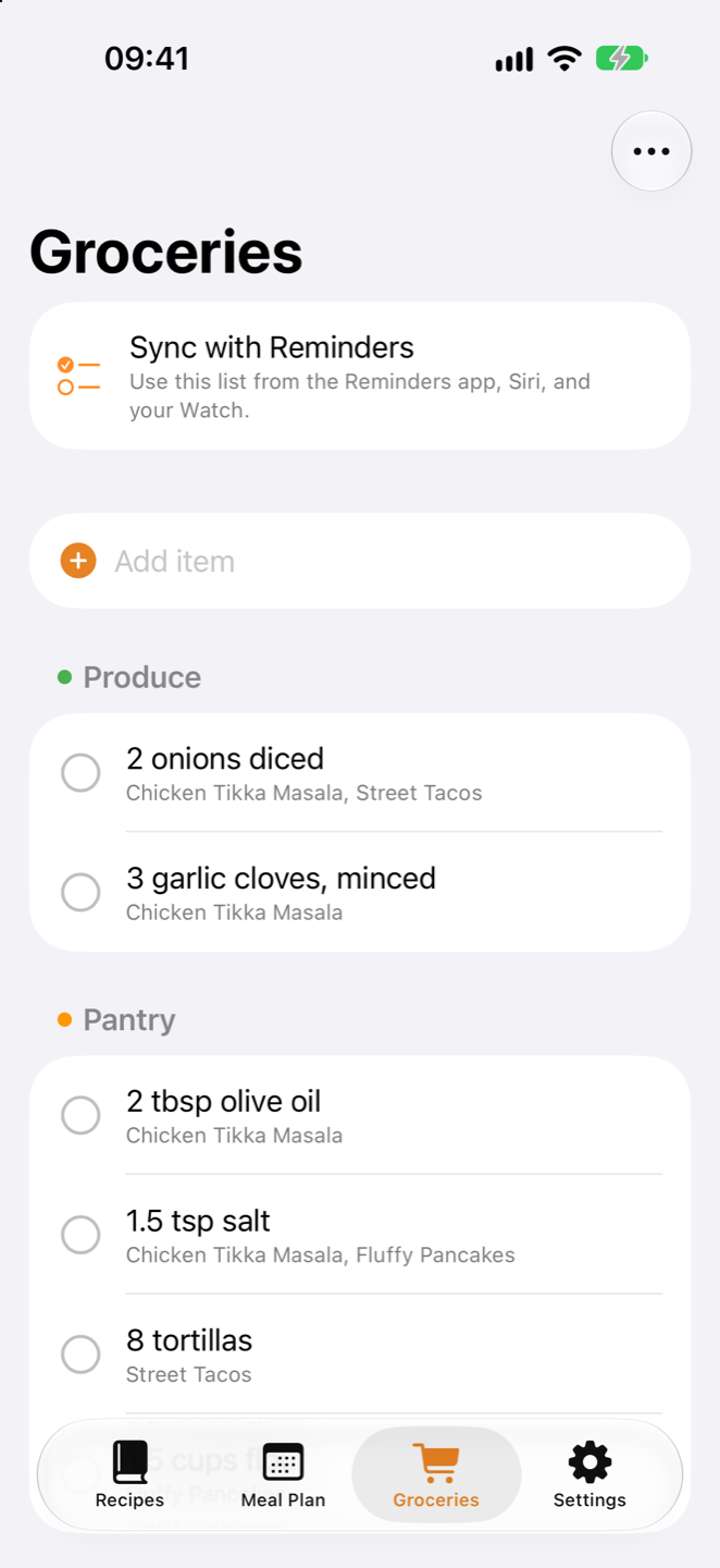 Grocery list grouped by label