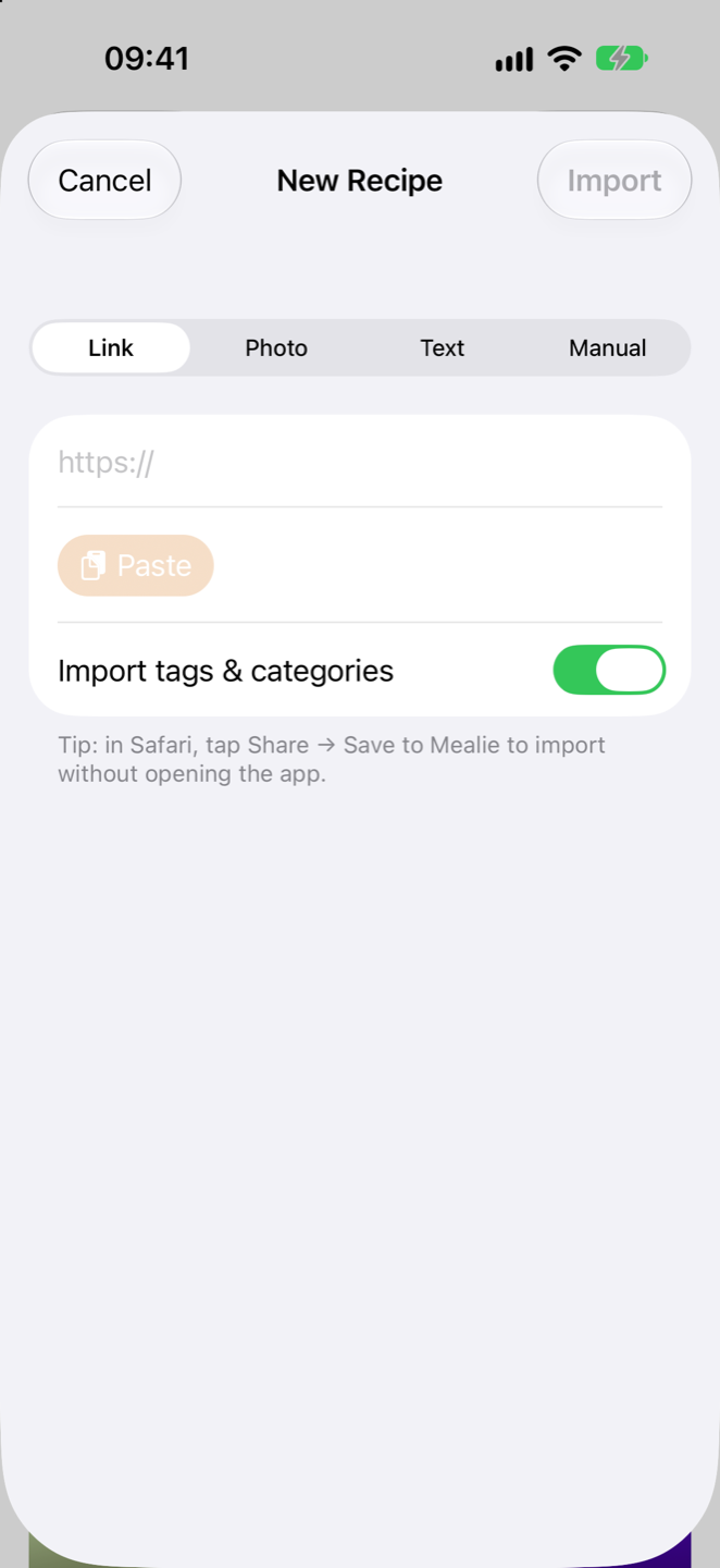 New recipe sheet with link, photo, text and manual import