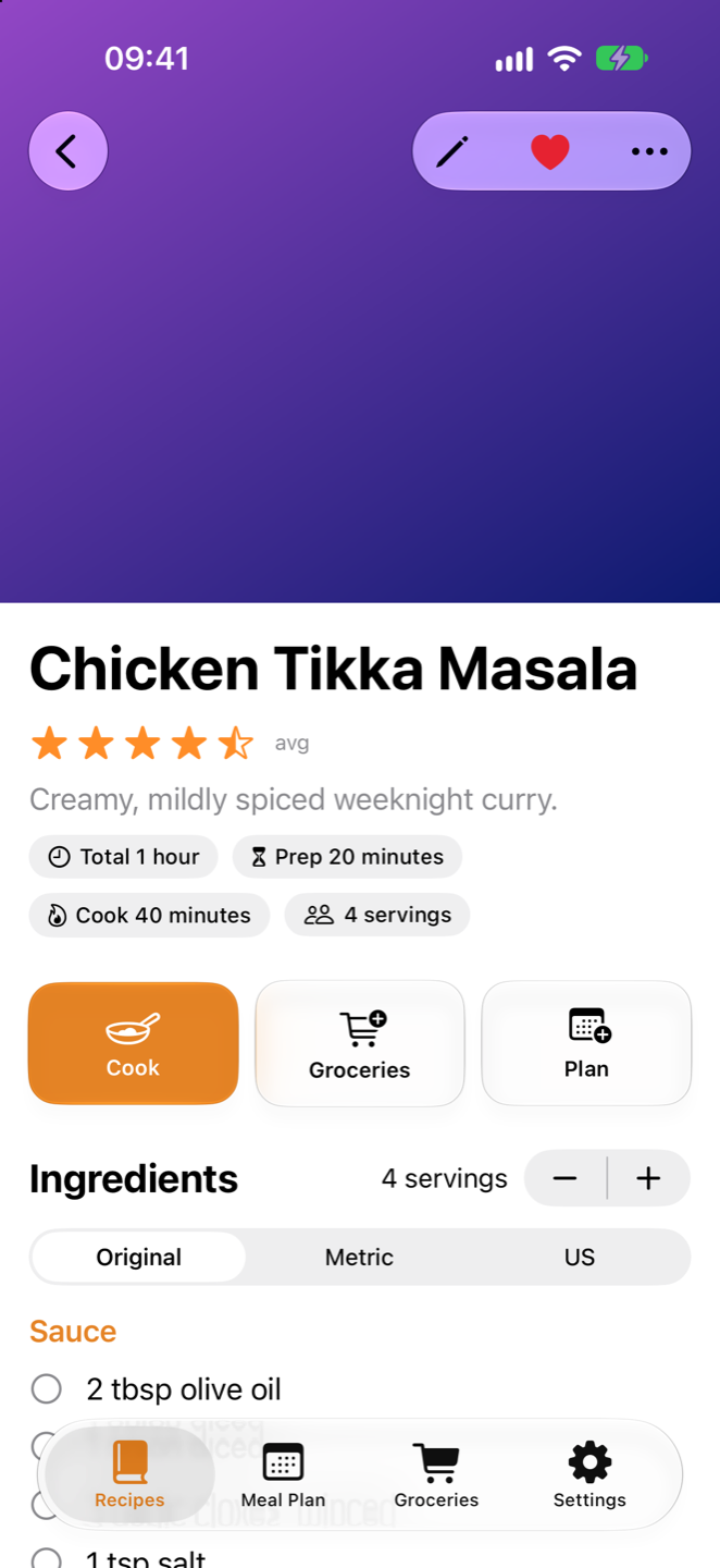 Recipe page with ingredients and unit toggle