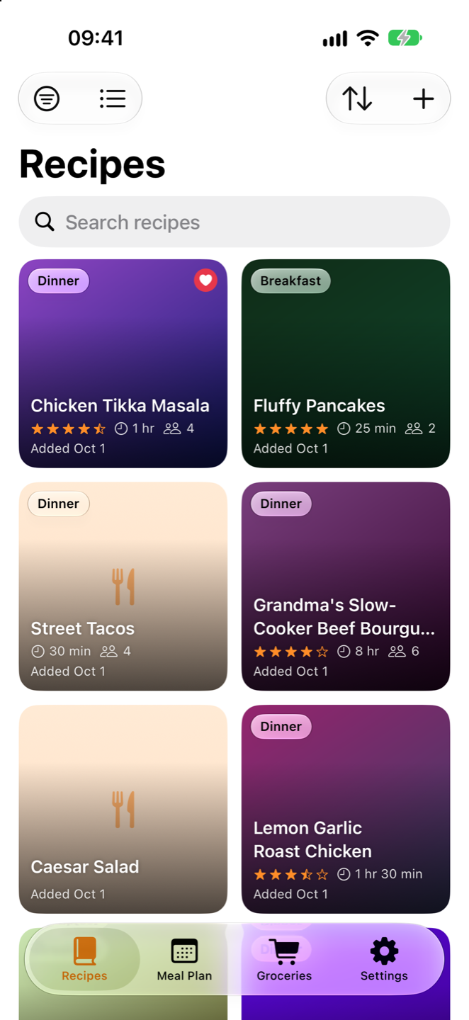 Recipe library in MealieMobile